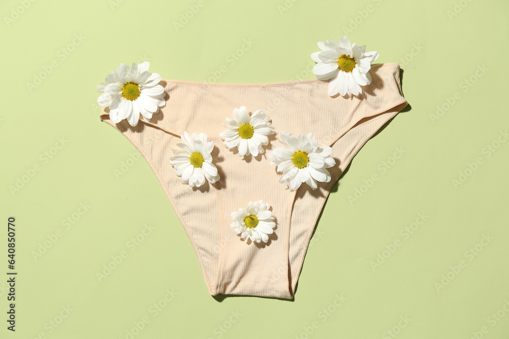 Composition with female panties and beautiful chamomile flowers on green background