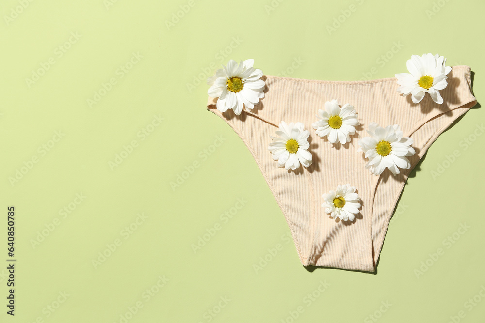 Composition with female panties and beautiful chamomile flowers on green background