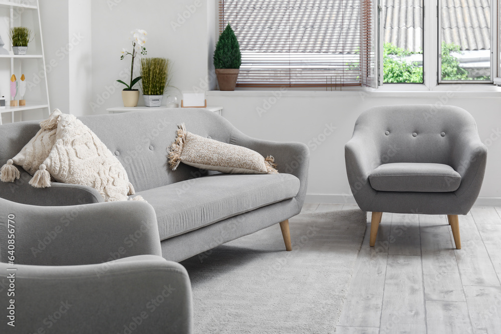 Interior of light living room with cozy grey sofa and armchairs