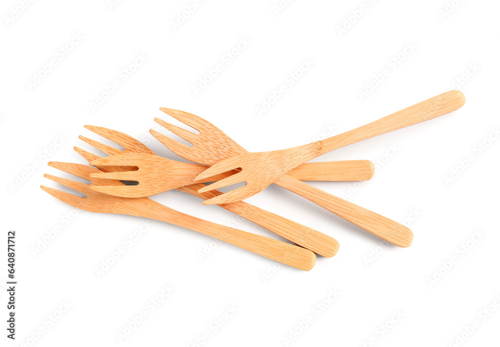 Set of wooden forks isolated on white background