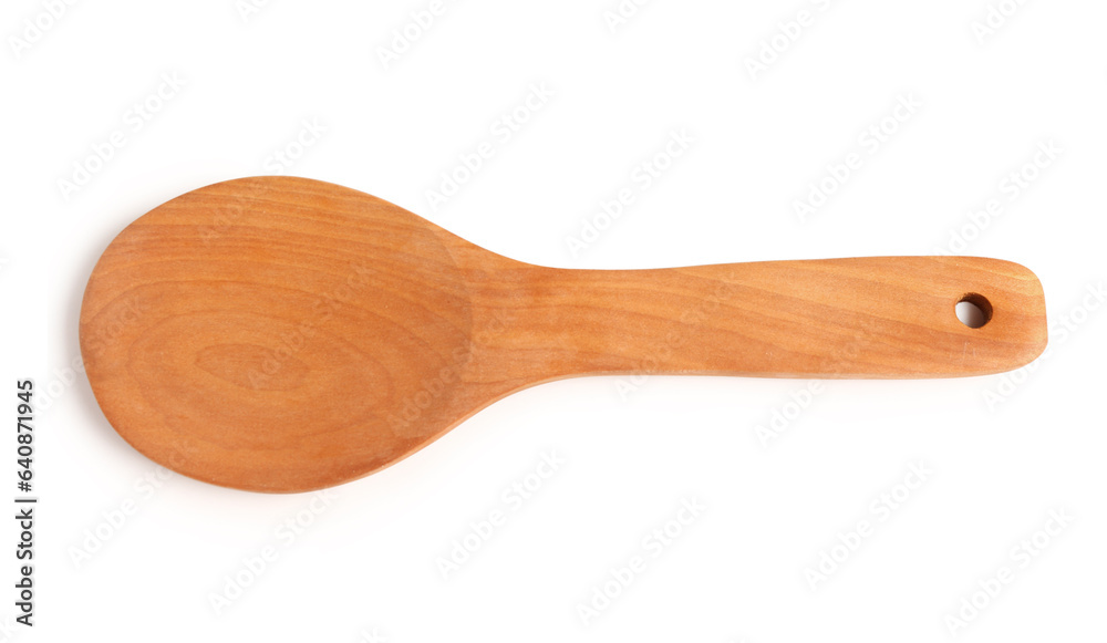 Empty wooden spoon on white background