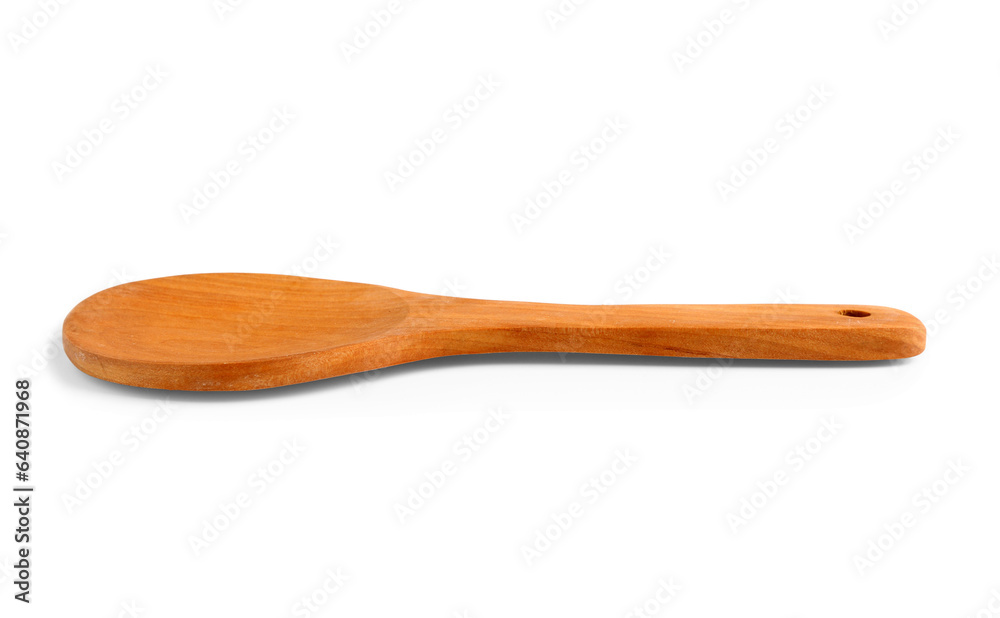 Empty wooden spoon on white background