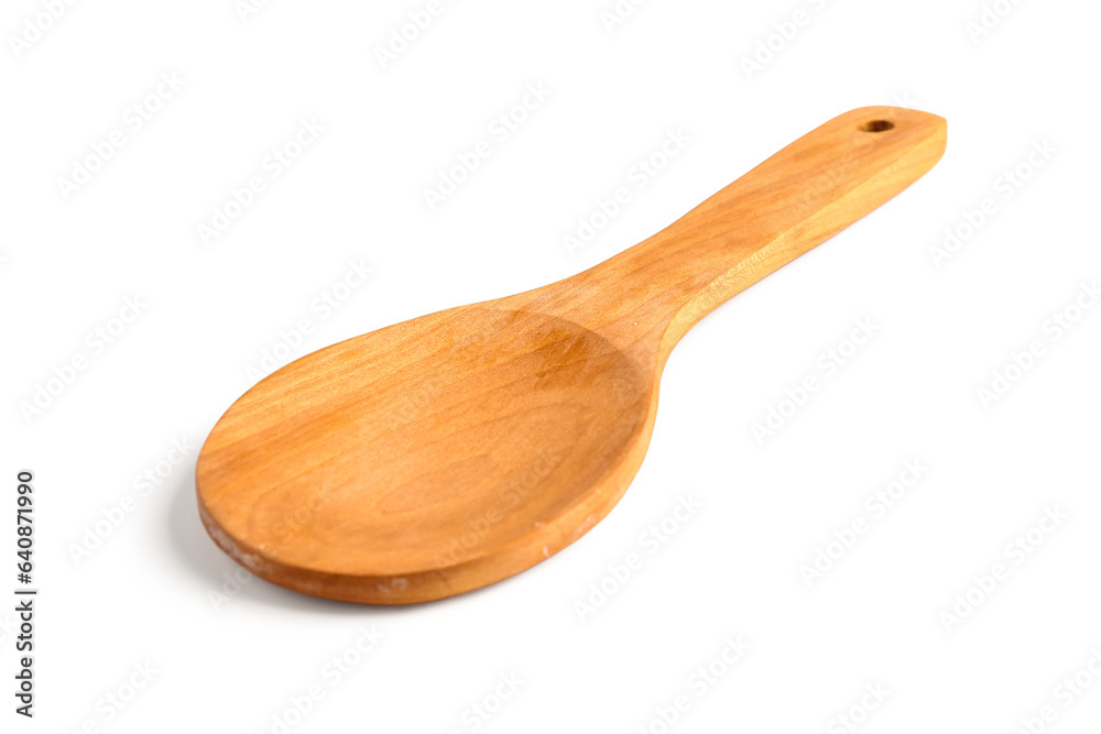 Empty wooden spoon on white background