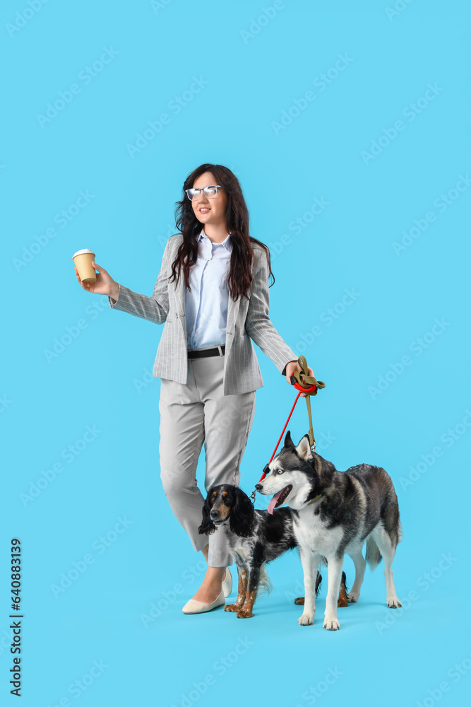 Young businesswoman with coffee and cute dogs walking on blue background