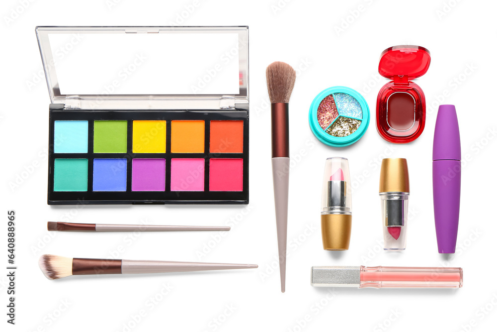 Set of different decorative cosmetics on white background, flat lay