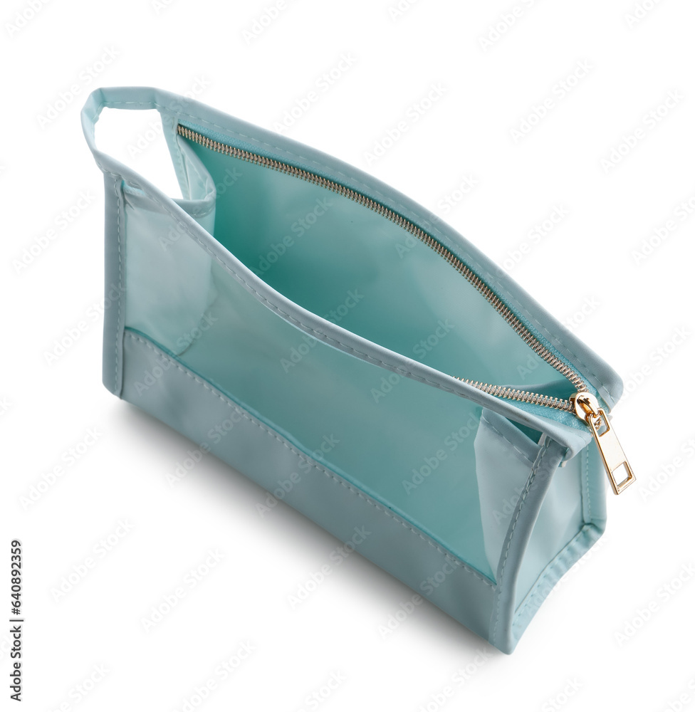 Stylish blue cosmetic bag on white background