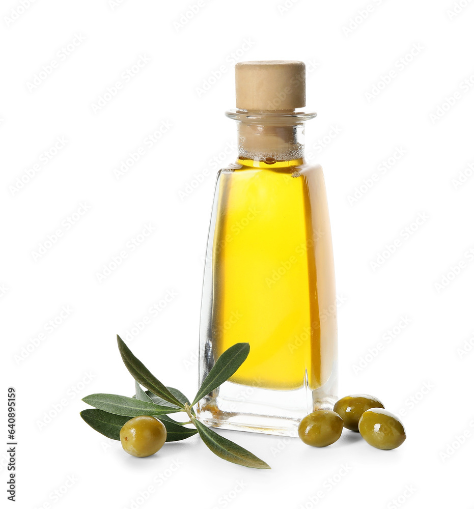 Bottle of fresh olive oil on white background