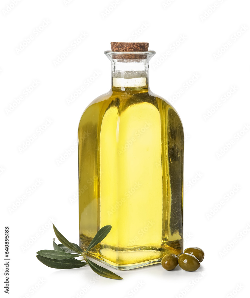 Bottle of fresh olive oil on white background