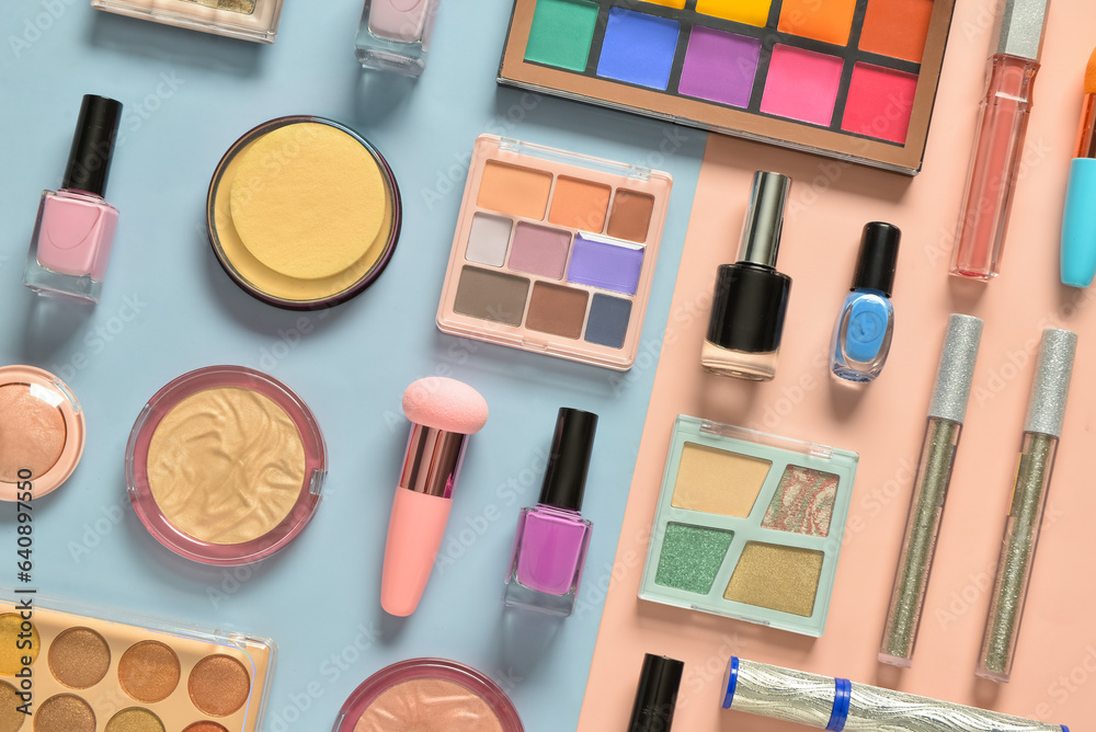 Different decorative cosmetics on colorful background