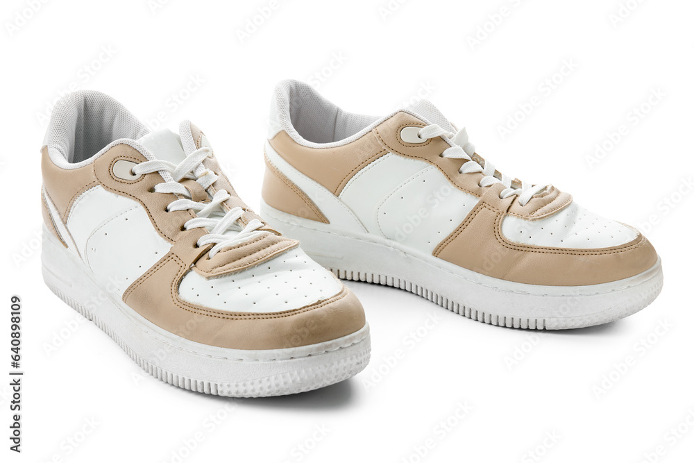 Stylish sneakers on white background