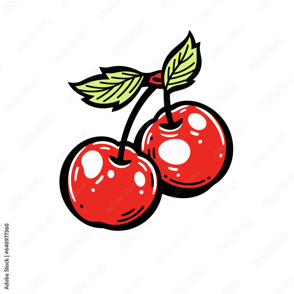 Cherries vector icon in minimalistic, black and red line work, japan web