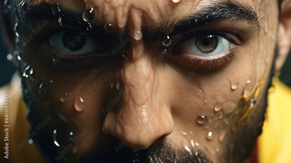 Extreme close up of a professional athlete with sweat pouring down his face.