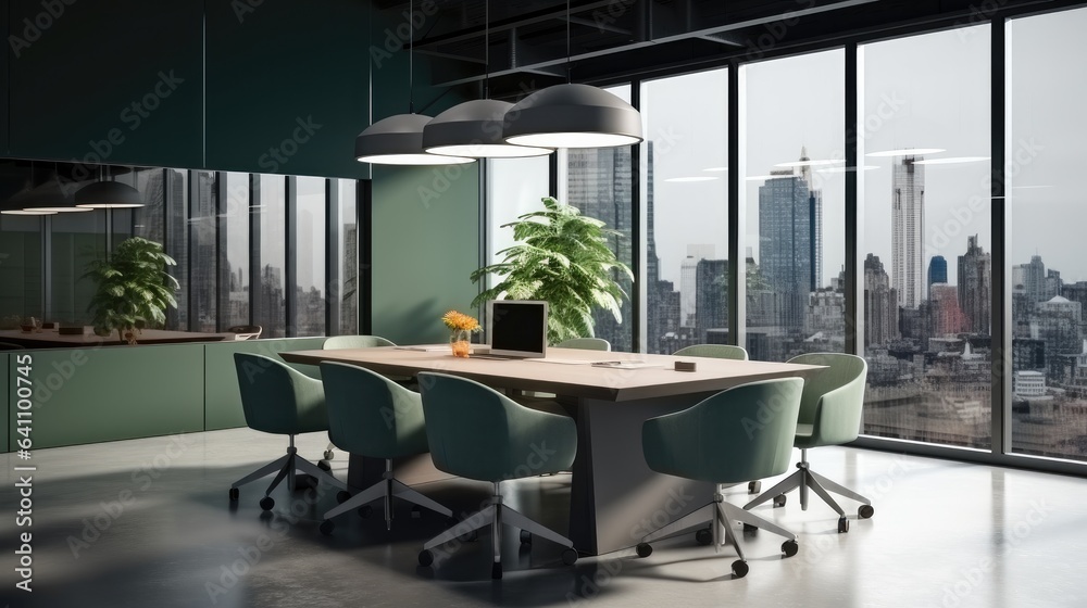 Office interior with meeting table and chairs on modern building.