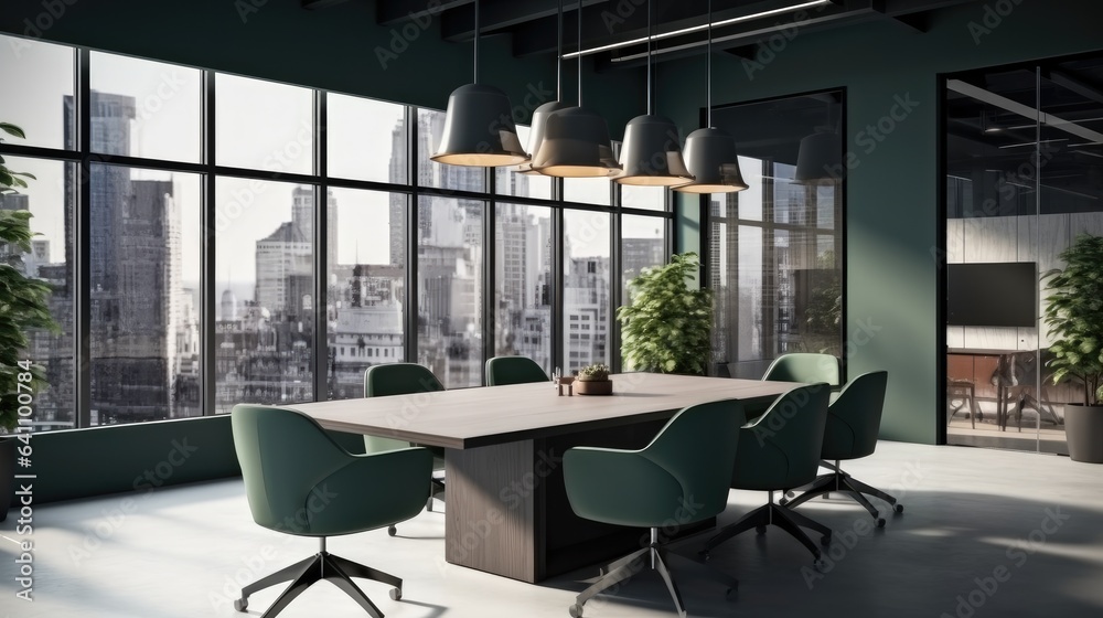 Office interior with meeting table and chairs on modern building.