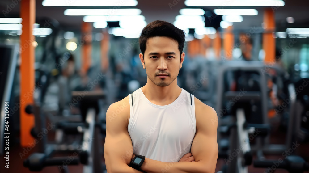 Asian man athlete crosses arms in fitness center, Handsome guy smart and confidence.