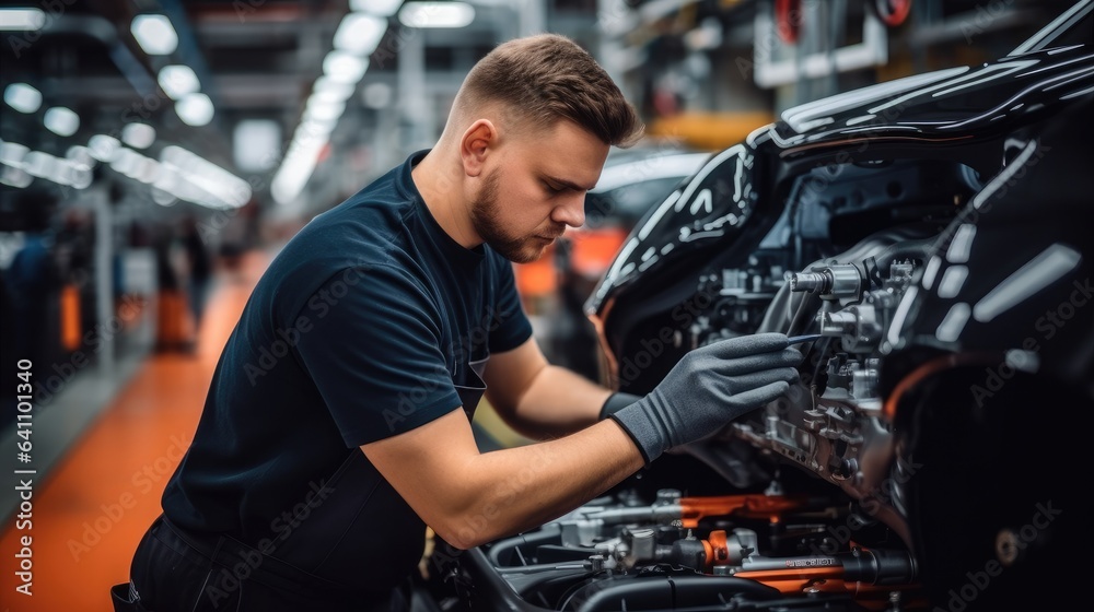 Worker working in auto factory production line.