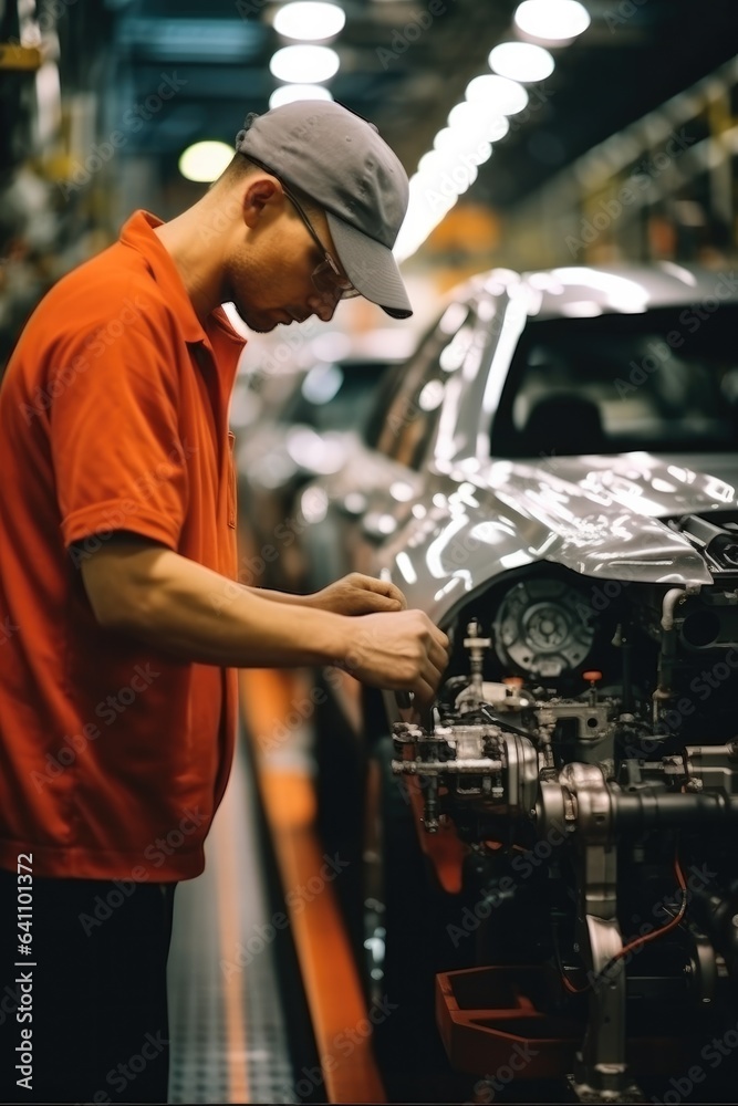 Worker attached components to an auto engine at car factory.