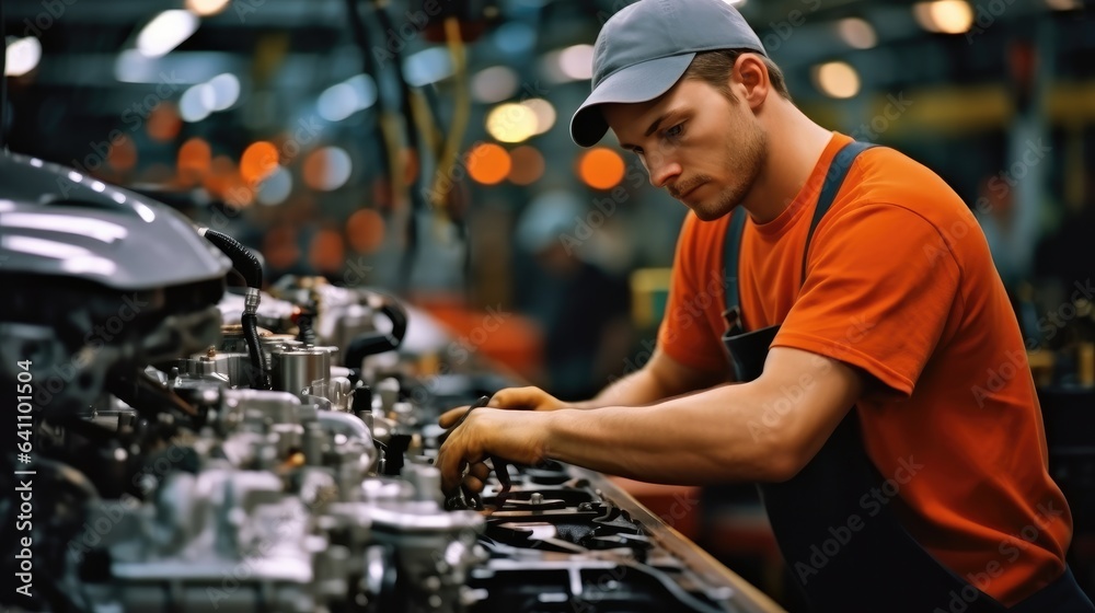 Worker attached components to an auto engine at car factory.