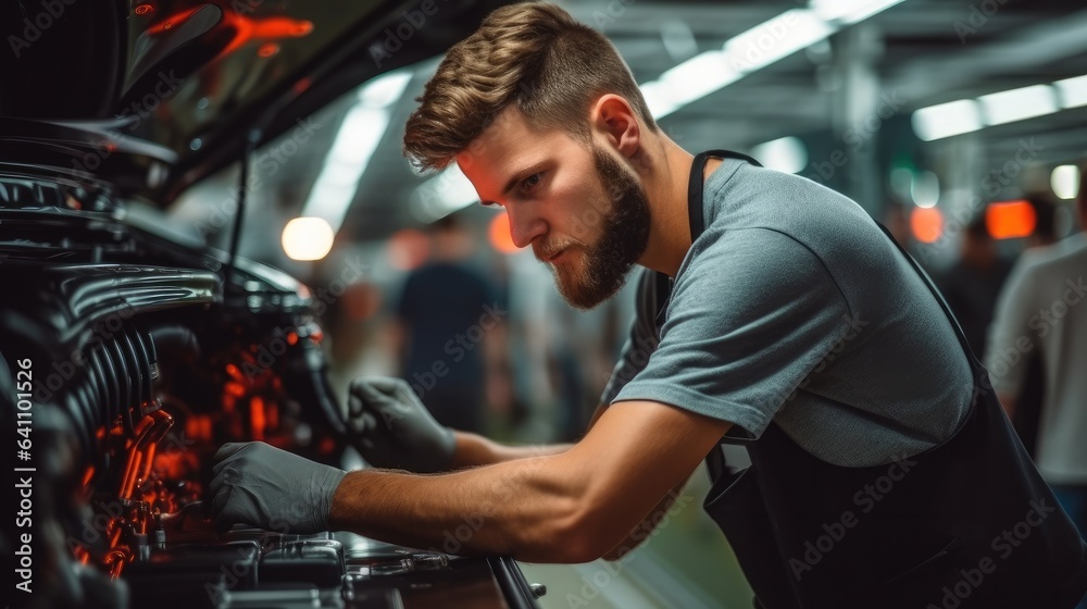 Worker working in auto factory production line.