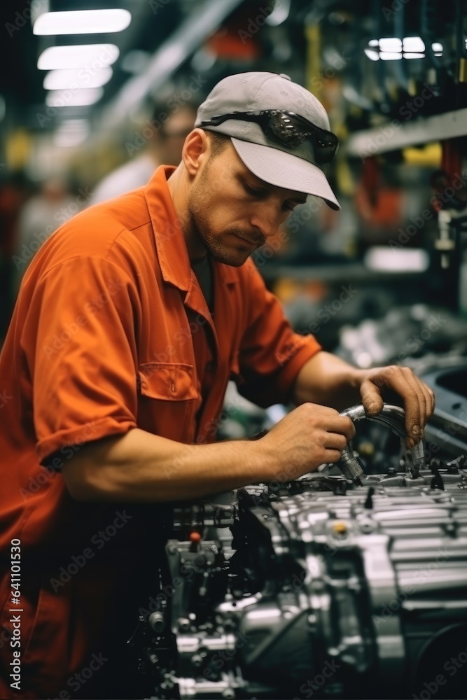 Worker attached components to an auto engine at car factory.