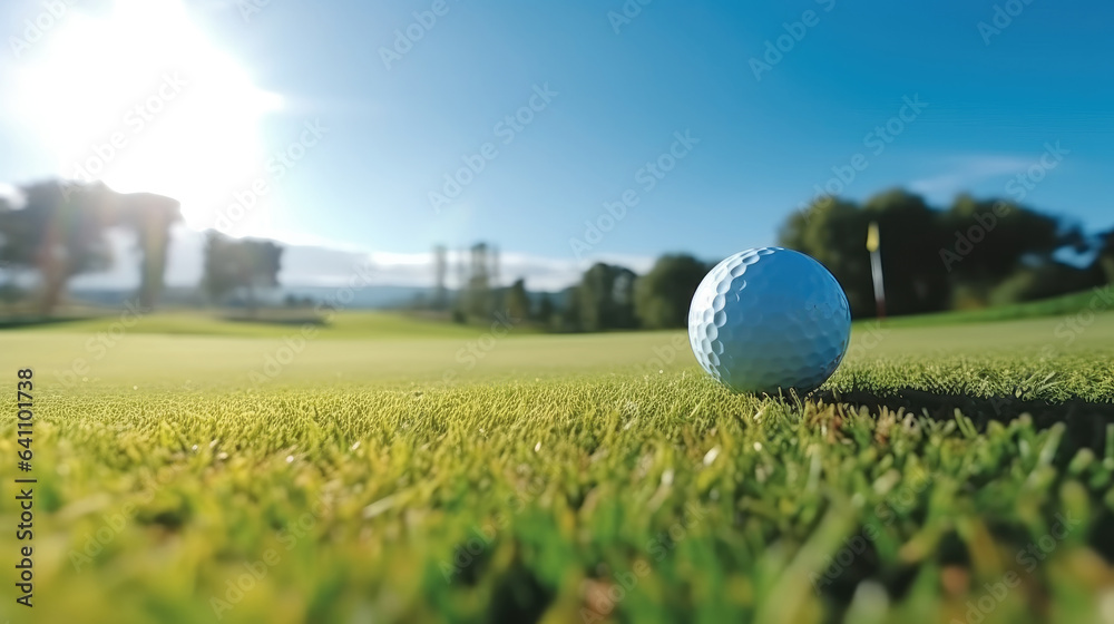 Golf ball placed in a green lawn on sunny day with a natural background.