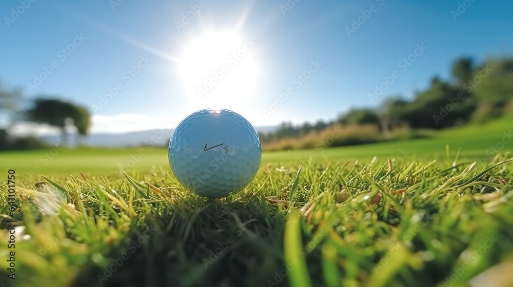 Golf ball placed in a green lawn on sunny day with a natural background.