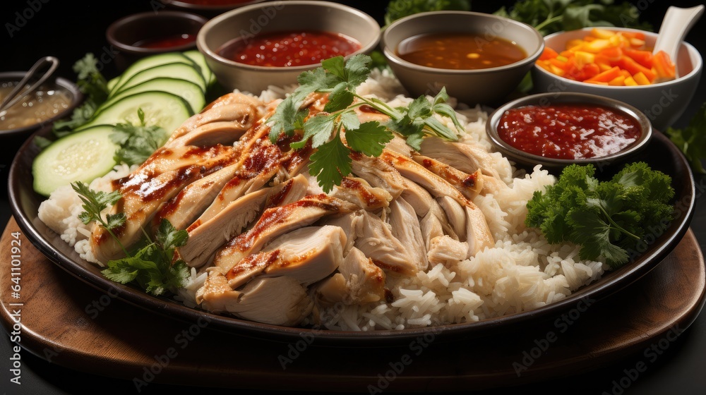 Chicken rice, Singaporean dish made with poached chicken served on fragrant rice, Accompanied by gin