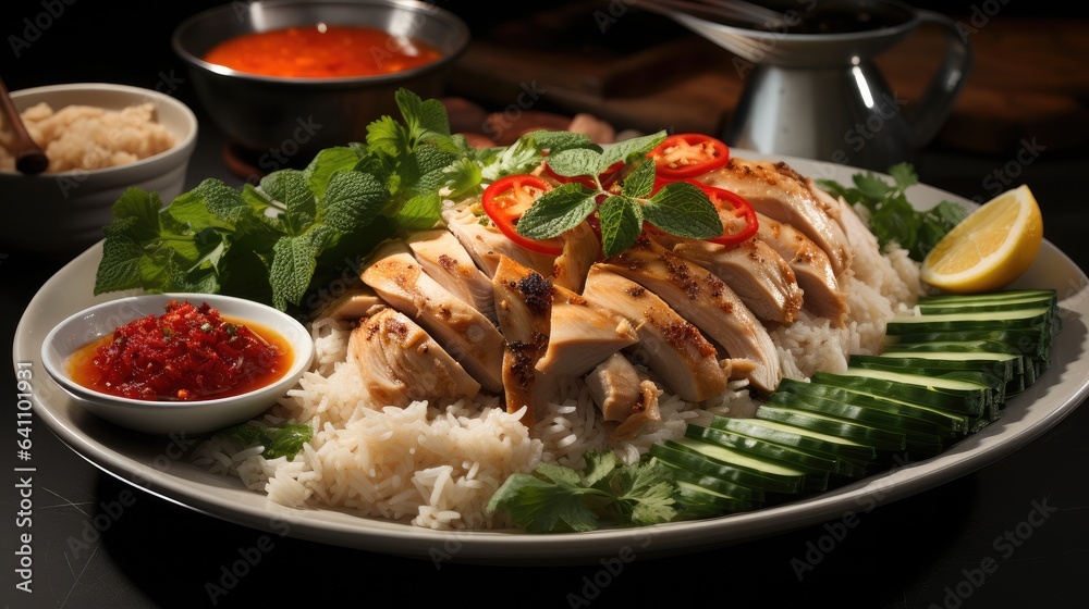 Chicken rice, Singaporean dish made with poached chicken served on fragrant rice, Accompanied by gin