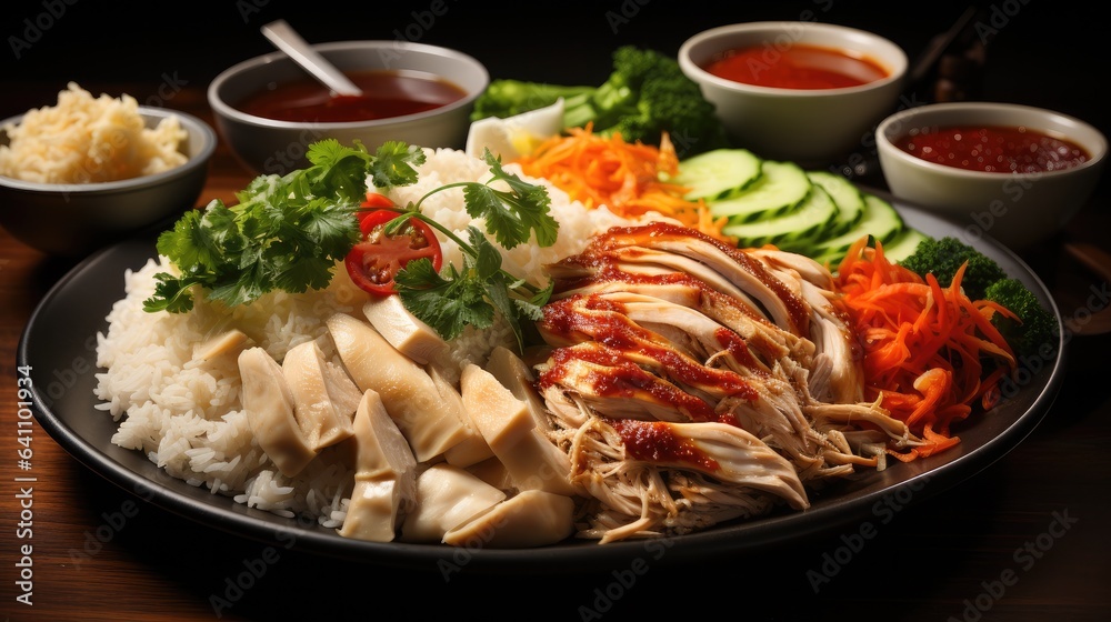 Chicken rice, Singaporean dish made with poached chicken served on fragrant rice, Accompanied by gin