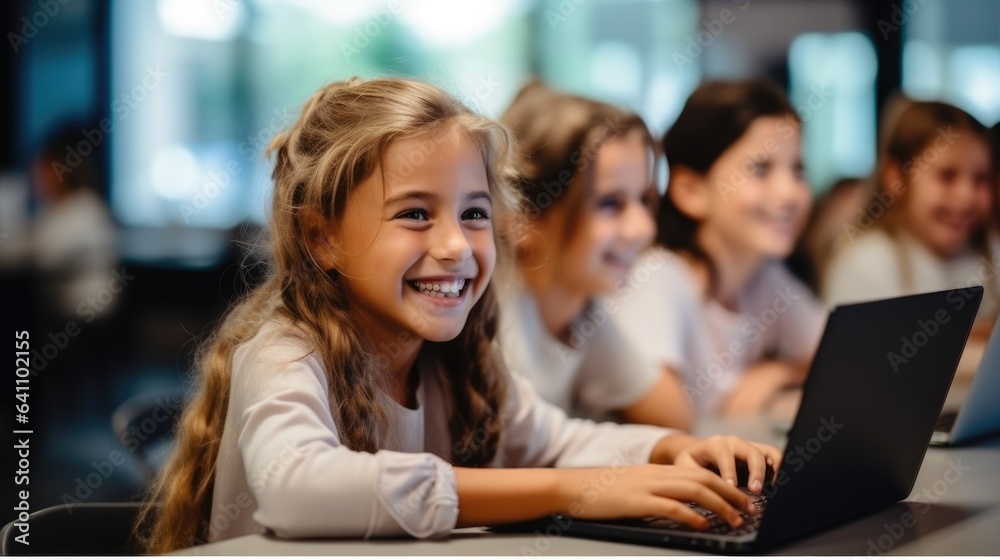 Happy young girls learning basic programming skills in school.