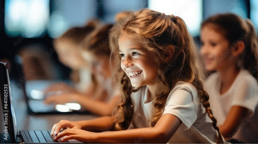 Happy young girls learning basic programming skills in school.