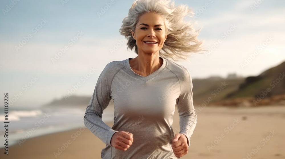 Middle aged women are jogging workout on the morning beach, Jogging workout.