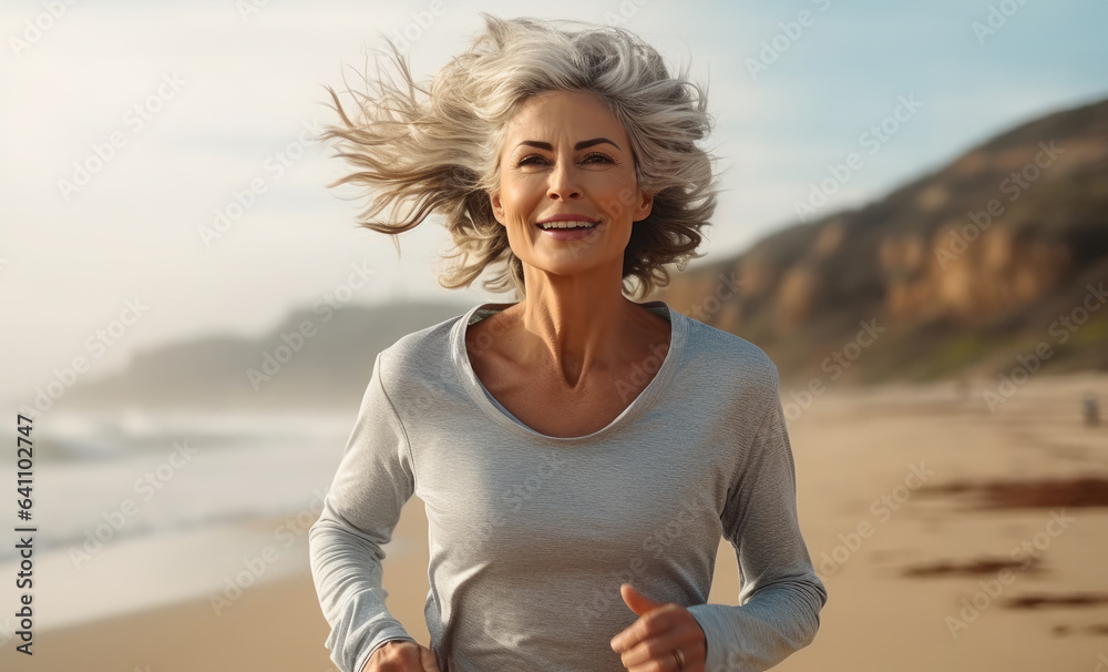 Middle aged women are jogging workout on the morning beach, Jogging workout.