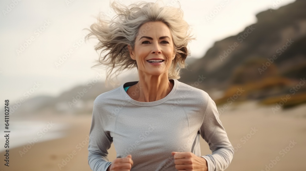 Middle aged women are jogging workout on the morning beach, Jogging workout.