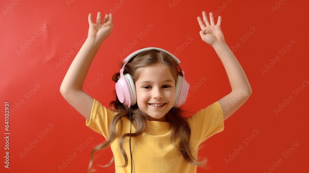 Happy little girl in headphones are dancing on red background.