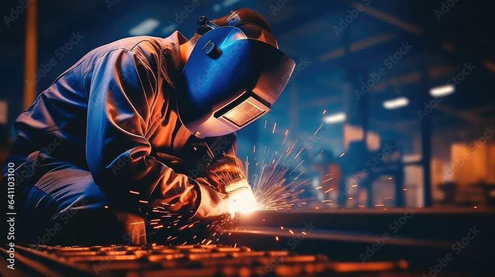 Male welder in a protective mask is welding metal in a factory.