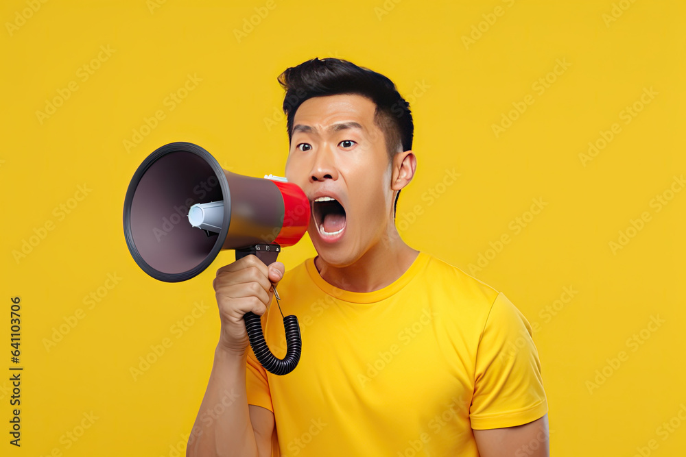 Shocked face of of Asian young man wears blue shirt hold scream in megaphone announces discounts sal