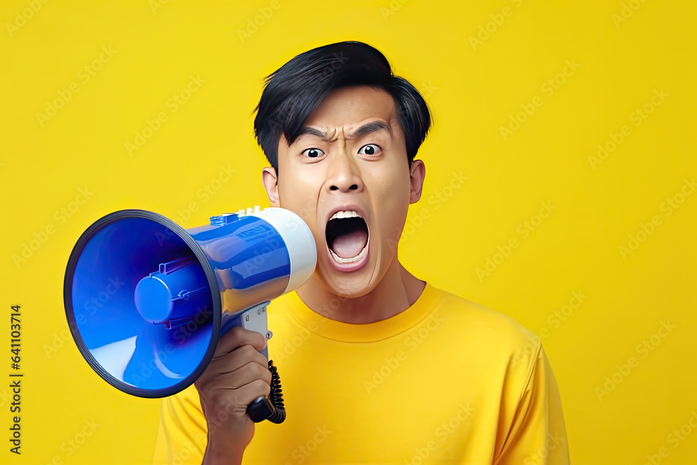 Shocked face of of Asian young man wears blue shirt hold scream in megaphone announces discounts sal