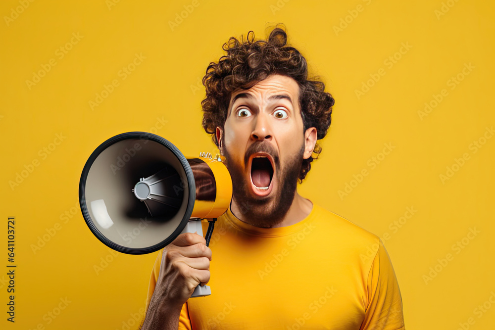 Shocked face of of young bearded man wears blue shirt hold scream in megaphone announces discounts s