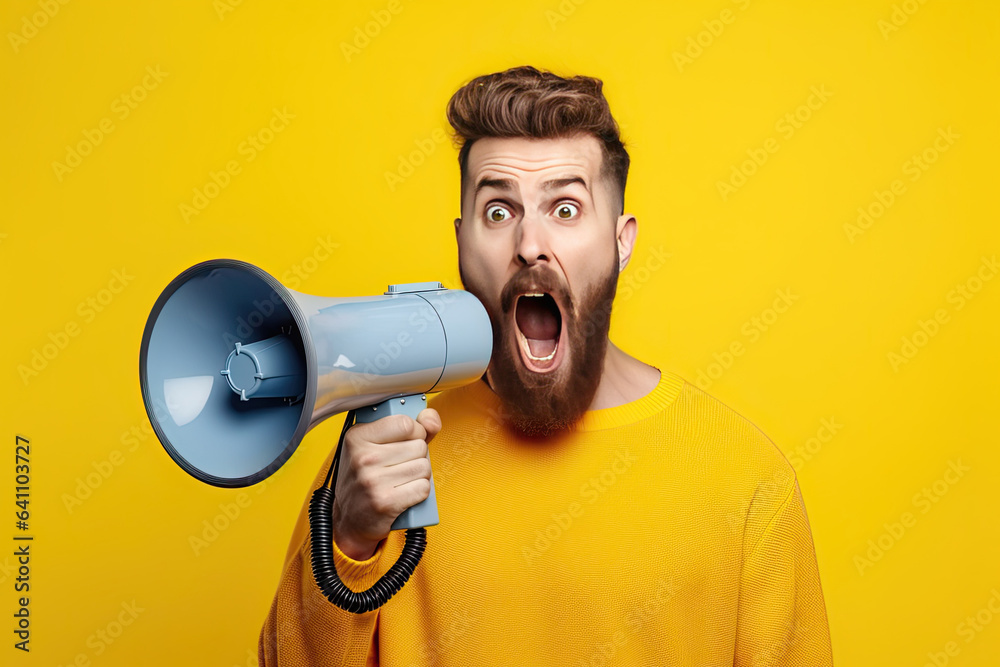 Shocked face of of young bearded man wears blue shirt hold scream in megaphone announces discounts s