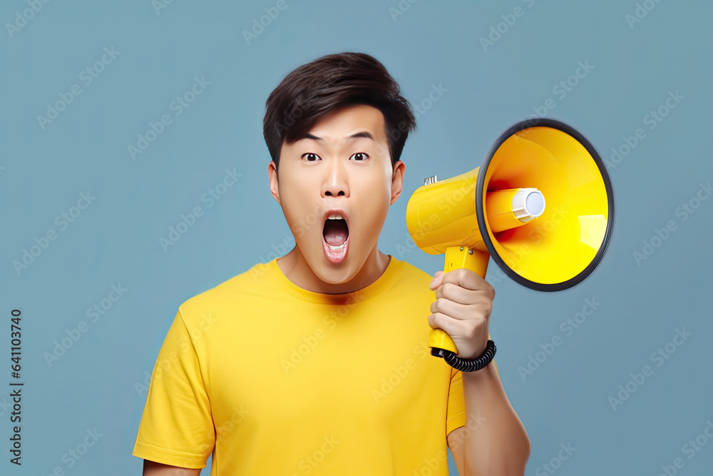 Surprised face of Asian young man wears blue shirt hold scream in megaphone announces discounts sale