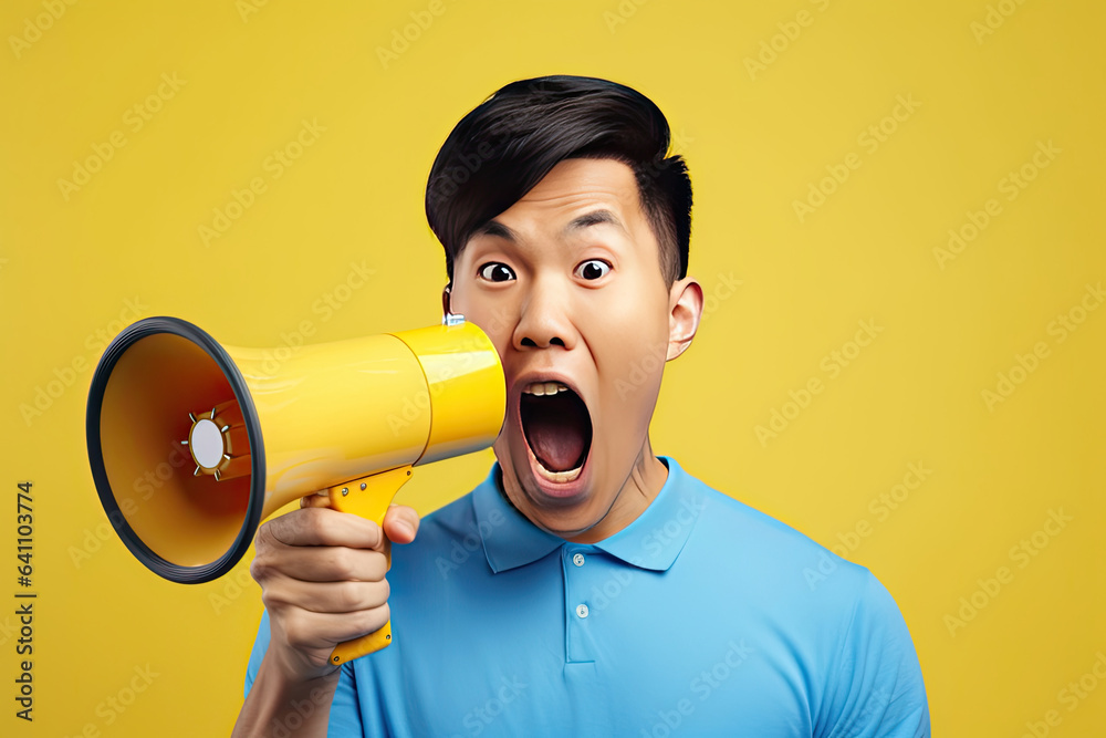 Surprised face of Asian young man wears blue shirt hold scream in megaphone announces discounts sale