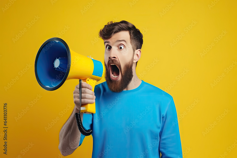 Shocked face of of young bearded man wears blue shirt hold scream in megaphone announces discounts s