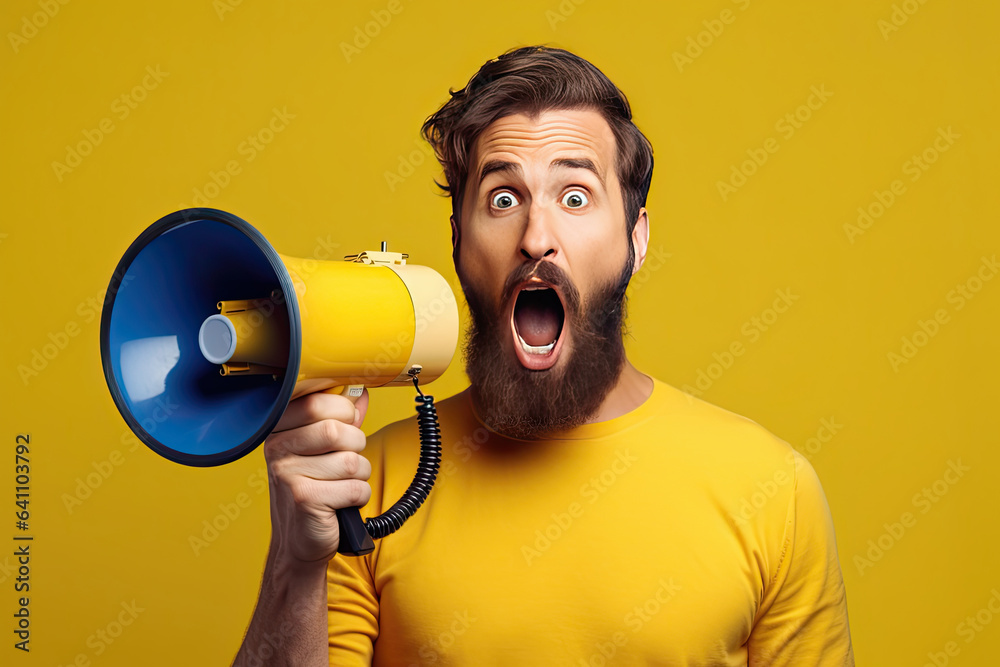 Surprised face of young bearded man wears blue shirt hold scream in megaphone announces discounts sa