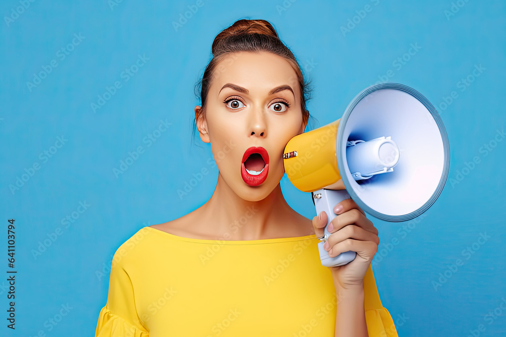 Surprised face of young pretty woman wears blue shirt hold scream in megaphone announces discounts s