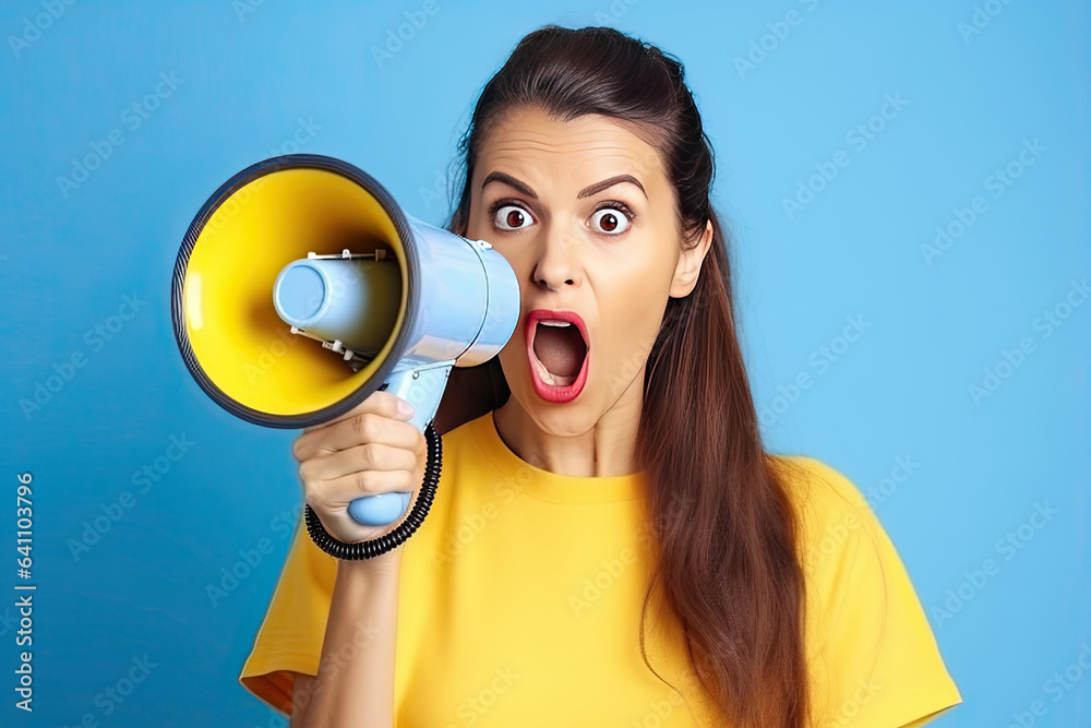 Shocked face of of young pretty woman wears blue shirt hold scream in megaphone announces discounts 