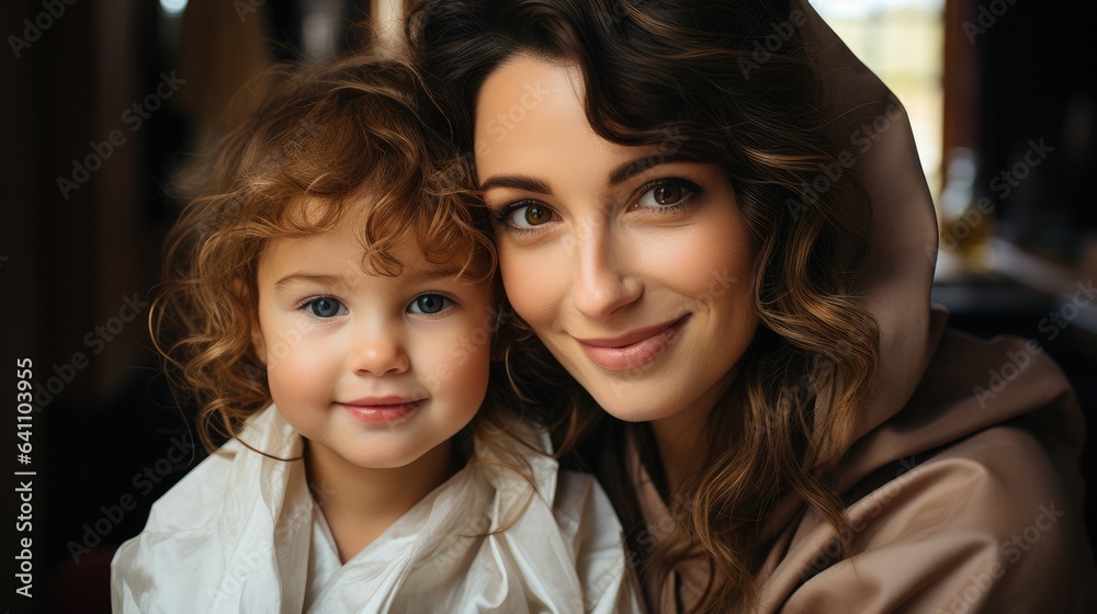 Portrait of loving mother hugging adorable little daughter, Caring happy mum and cute preschool girl