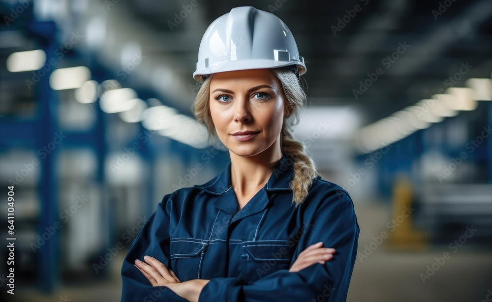 Woman technician standing in factory.