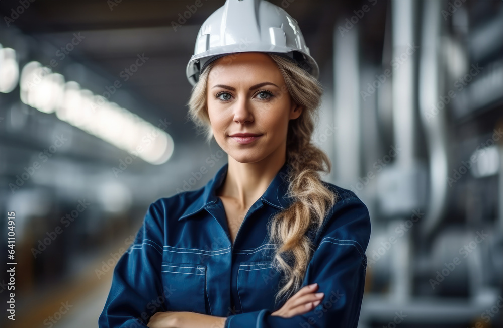 Woman technician standing in factory.