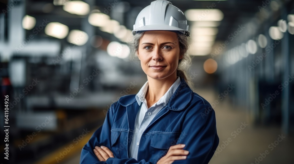 Woman technician standing in factory.